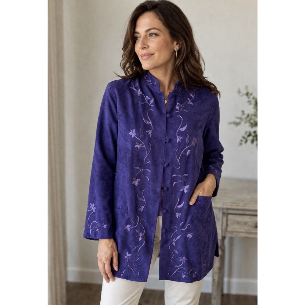 Maggie Sweet Purple Floral Embroidered Frog Front Mandarin Collared Jacket Large